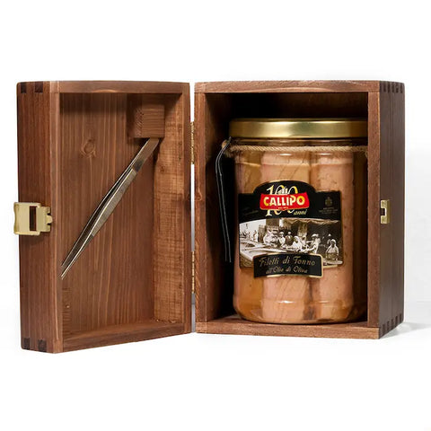 TUNA FILLETS IN OLIVE OIL CENTENARY WOODEN BOX GR.820